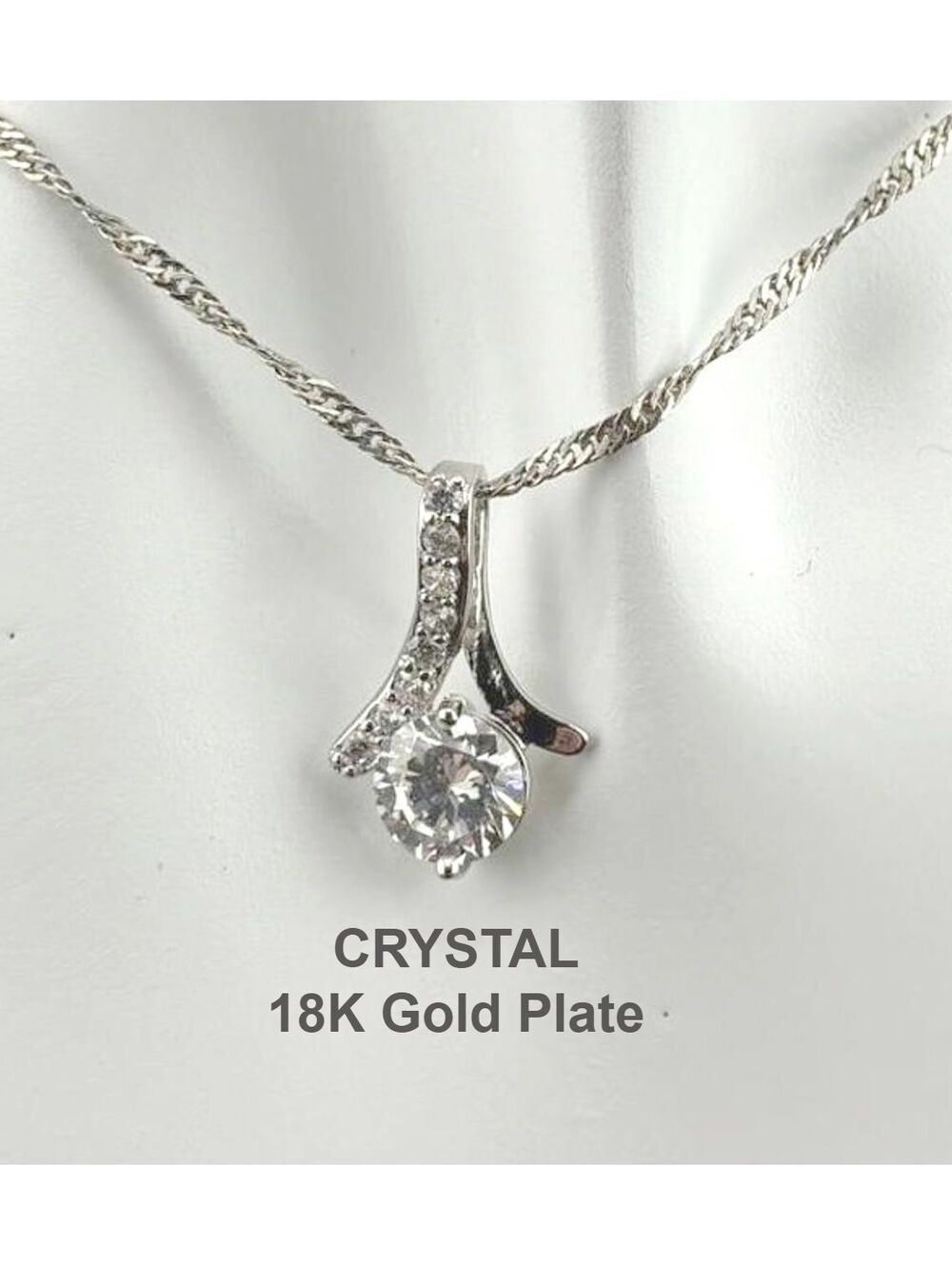 18K White Gold Plated Necklace with Clear Crystal Pendant and Twisted Chain 18"